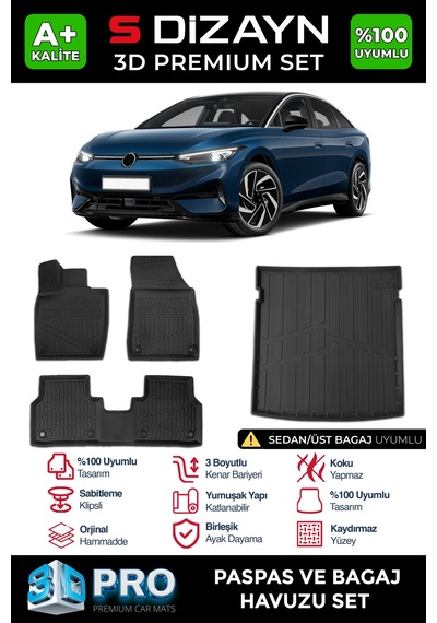 S-dizayn Vw Id7 D Pro Havuzlu Paspas Ve Bagaj Havuzu Seti 2'li Set 2023 Üzeri A+ Kalite