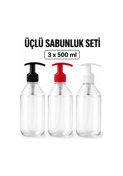Sıvı Sabunluk Pompalı Şeffaf Dispenser 500 Ml Üçlü Set Şefaf
