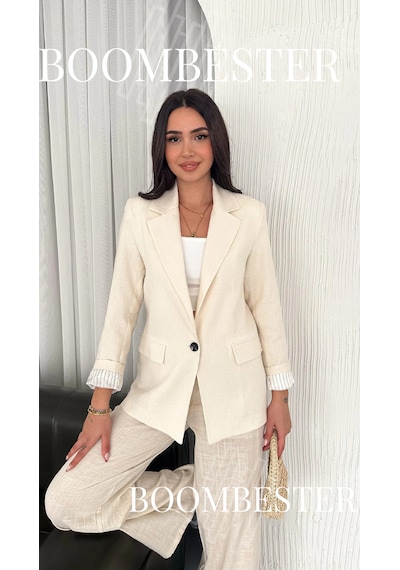 Boombester Kadın Flam Keten Astarlı Blazer Ceket Çizgili Astar Detay Rahat Kalıp İnce Ceket Ekru Boombester Kadın Flam Keten Astarlı Blazer Ceket Çizgili Astar Detay Rahat Kalıp İnce Ceket Ekru