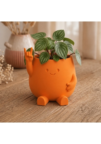 3d Baskı Smiley Face Planter - Gülümseyen Karakterli Saksı-turuncu Çok Renkli