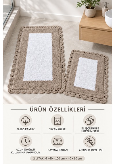 Alanur Bodrum Tufting Cotton Pamuklu El Işi Örgülü 2 Li Paspas 108 Beyaz - Kahve