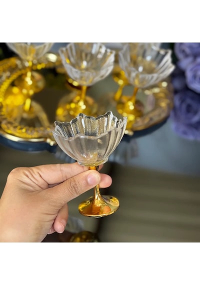 6'lı Gold Ayaklı Lotus Çiçeği Kahve Yanı Cam Lokumluk-gold Ayaklı Lotus Lokumluk Altın - Şeffaf