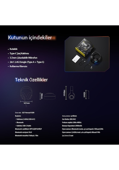 Heroad V200 Rgb 7.1 Kablosuz Gaming Oyuncu Kulaklığı 3 Modlu Bt, 2.4ghz, Type-c Pc - Ps5