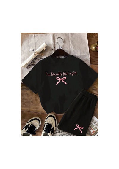 Ss Sinser Yazlık I'm Pembe Kurdele Baskılı Kız Çocuk Siyah Alt-üst Şort T-shirt Takım