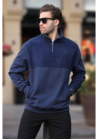 Madmext Lacivert Dik Yaka Yarım Fermuarlı Polar Sweatshirt 7096