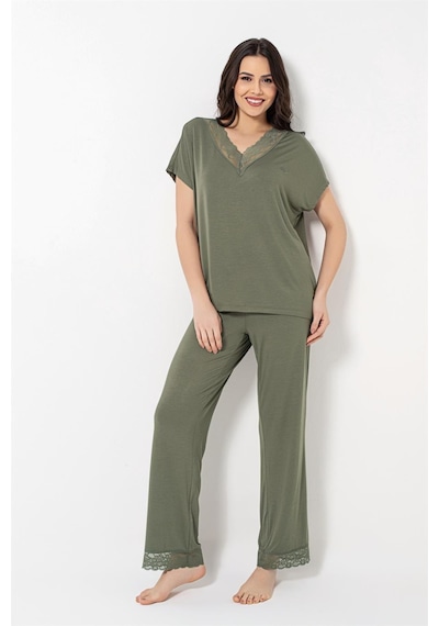 Monamise Kısa Kollu V Yakalı Dantelli Pijama Takımı Haki