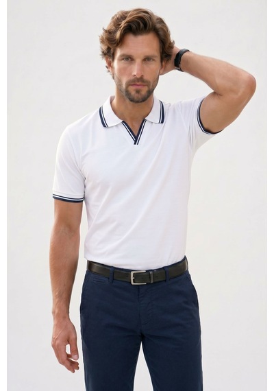 Tudors Erkek Slim Fit Dar Kesim %100 Pamuklu Çizgili Detaylı V Yaka Beyaz Polo Yaka Tişört-51593