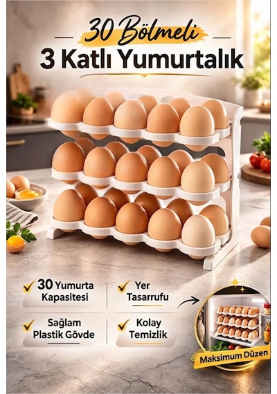 3 Katlı Yumurta Rafı 30 Bölmeli Buzdolabı Düzenleyici Raf Tezgah Ve Dolap İçi Organizer 24,5x17x21cm Beyaz