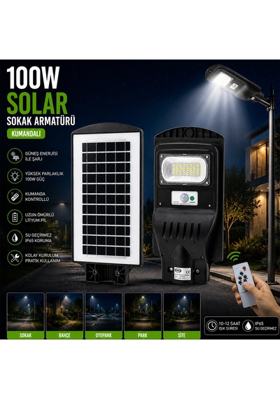 100w - 6500k Solar - Güneş Enerjili Sokak Lambası - Armatür Sensörlü Bahçe-balkon-sokak Ars-348964 5250
