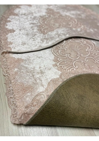 Tr Milas Kaymaz Taban, Kadife Dantel Detaylı 2'li Süper Lüks Oval Banyo Paspası Seti, Pembe, 60x100 Cm Genel