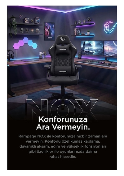 Rampage Kl-r43 Nox Ergonomik Tasarıma Sahip Terletmez Kumaş Siyah/gri Oyuncu Koltuğu