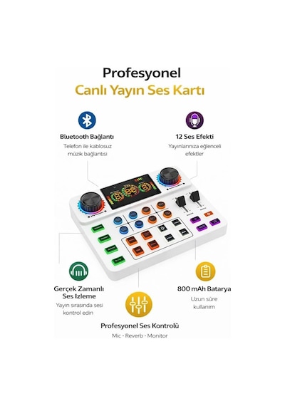 Canlı Yayın Ses Kartı Bluetooth Podcast Ses Mikseri, 12 Ses Efekti Ve Voice Changer Özellikli, 3.5mm Stereo Çıkı