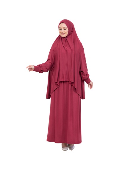 Modish Group İki Parça Namaz Elbisesi Uzun Pamuklu Tesettür Giyim Abaya & Başörtüsü Set Kırmızı