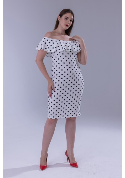 Madwilo Kadın Beyaz Siyah Puantiye Desen Omuz Detay Fırfır Yaka Esnek Büyük Beden Elbise