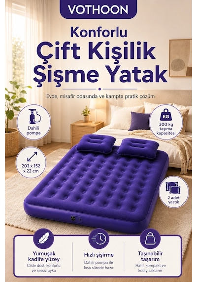 Çift Kişilik Şişme Yatak Dahili Pompalı 203x152x22 Cm 2 Yastıklı Çok Renkli