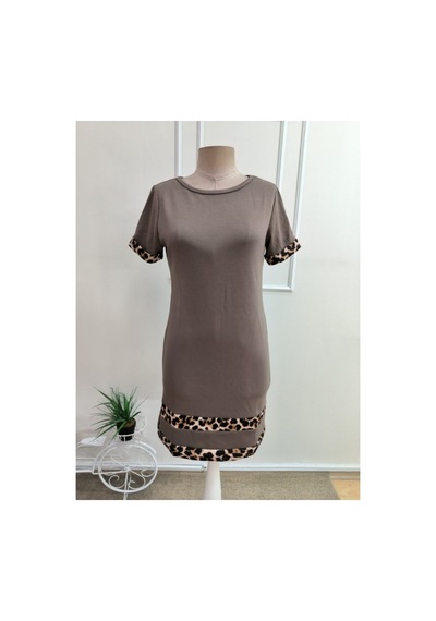 Butik İstanbul Kadın Kısa Kollu Bisiklet Yaka Leopar Şerit Detaylı Kısa Modal Elbise Sütlü Kahve