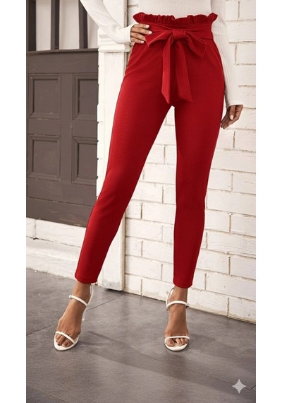 Valensdesign Kadın Yüksek Bel Beli Fırfırlı Önden Bağlamalı Ithal Krep Pantolon Bordo