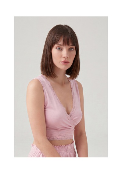 Lela Yumuşak Dokulu Sırtı Bağlamalı Dantelli Crop Pijama Takımı Bayan Pijama Takımı 6575015 Pembe