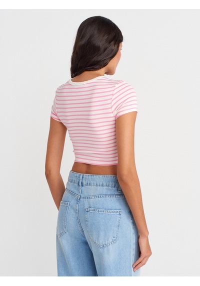 Dilvin 31889 Çizgili Crop Top-ekru-pembe Ekru - Pembe
