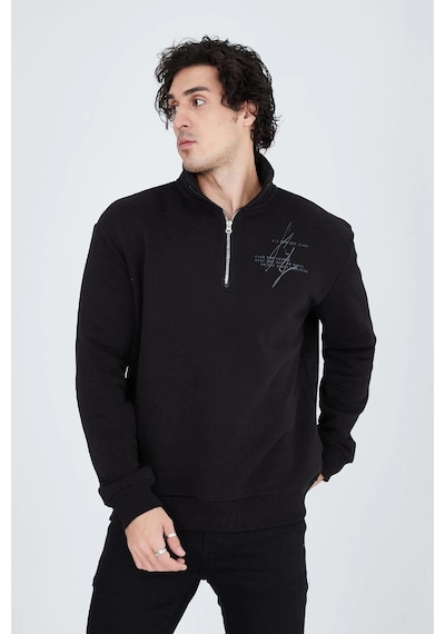 Barlashive Erkek Yarım Fermuarlı Baskılı 3 İplik Pamuklu Sweatshirt - Siyah Çok Renkli