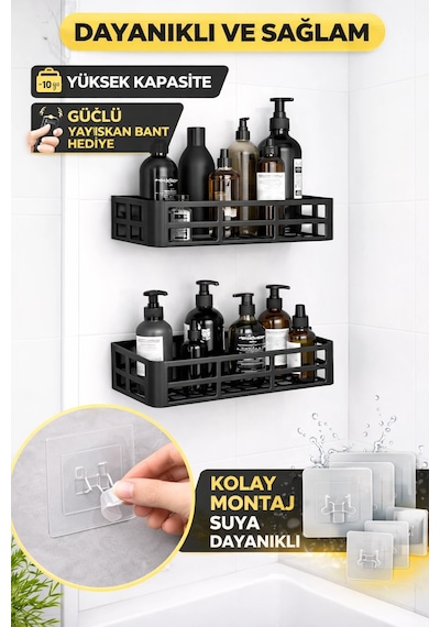 Duş İçi Yapışkanlı Banyo Rafı 2 Li Set Delme Yok Güçlü Yapışkan Bantlı Organizer Diğer