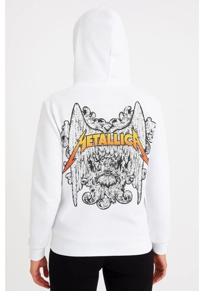 Velmora Fashion Metallica İki İplik Kapüşonlu Ön Ve Arka Baskılı Hoodie - Beyaz