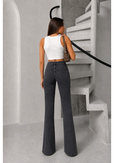 Bluemarlin Kar Siyah Likralı Esnek Paça Yırtmaçlı İspanyol/flare Denim Pantolon Kar Siyah