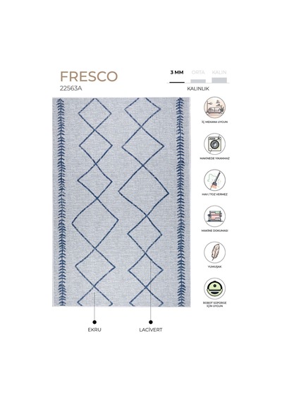 Fresco Ekru Lacivert İskandinav Jüt Yıkanabilir Halı Kilim Balkon Ekru - Lacivert