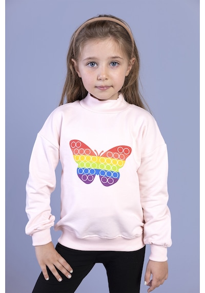 Toontoy Kız Çocuk Pamuklu Balıkçı Yaka Popıt Desenli Sweatshirt Pudra