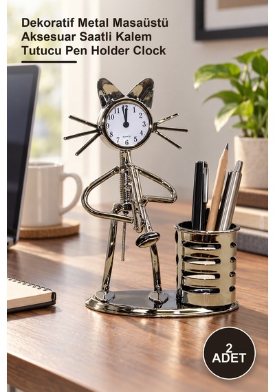 2 Adet Metal Saksafon Çalan Kedi Müzisyen Masa Saati Ve Kalemlik Dekoratif Metal Masaüstü Aksesuar Saatli Kalem Tutucu Pen Holder Clock