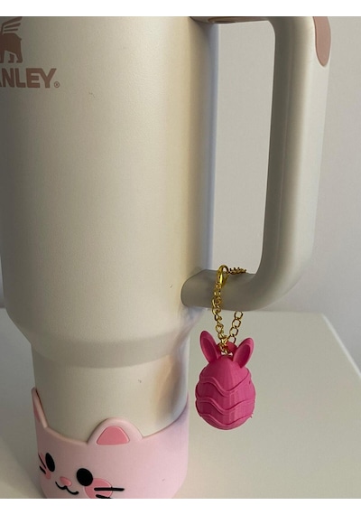 Sevimli Tavşan Quencher Termos Bardak Aksesuarı Zincirli Dekoratif Süs Pembe
