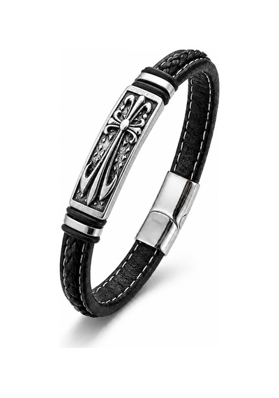 Moncuk Design Fleur De Lis Motifli Çelik Kilitli Siyah Deri Erkek Bileklik 33511b8d1