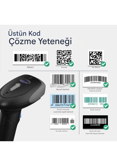 Kablosuz Barkod Okuyucu 1d 2d Qr Kod Standlı Uzun Menzili Hafızalı Tüm Zeminler İçin Uygun