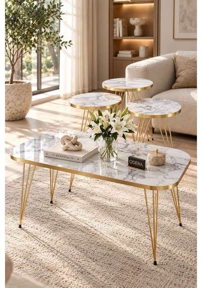 Odera Efes Beyaz Mermer Desenli Oval Orta Sehpa Ve Yuvarlak Zigon Sehpa 4'lü Set Gold Pvc Kenarlı Metal Ayaklı Retro Modern Salon Sehpası Diğer Odera Efes Beyaz Mermer Desenli Oval Orta Sehpa Ve Yuvarlak Zigon Sehpa 4'lü Set Gold Pvc Kenarlı Metal Ayaklı Retro Modern Salon Sehpası Diğer