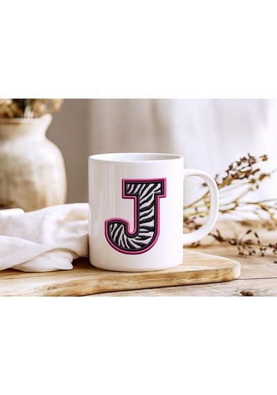 J Harfi Zebra Deseni Ve Pembe Kenarlı Kupa Bardak - Kişiye Özel Nakış Efektli - Siyah Beyaz Pembe Beyaz