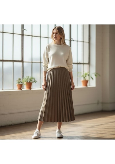 Eren Style Pileli Pamuklu Diyagona Beli Lastikli Etek 95 Cm - 38-50 Krem