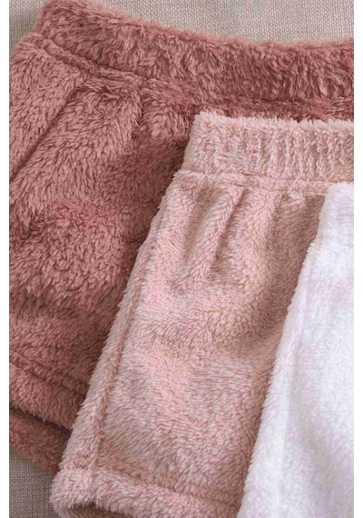 Merry See Tek Renk 1 Takım Kolsuz Askılı Peluş Polar Alt Üst Şortlu Pijama Takımı Pembe Açık 001