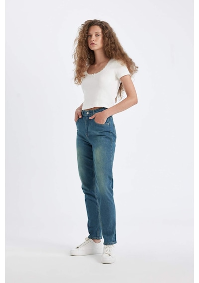 Defacto Comfort Mom Yüksek Bel Uzun Jean Yıkamalı Pantolon D4302AX24AUNM28 Mavi