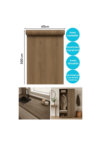 Technojet Premium Seri Kendinden Yapışkanlı Ahşap Desenli Pvc Kaplama 60cmx500cm Vizon