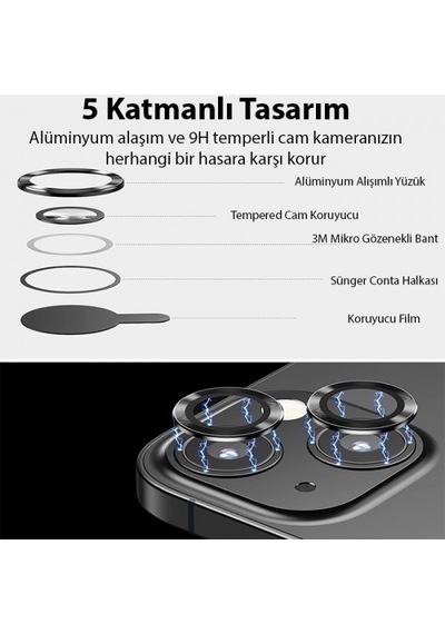 More TR ALLY Apple Uyumlu iPhone 14-14 Plus 3D Metal Çerçeveli Kamera Lens Koruyucu - siyah