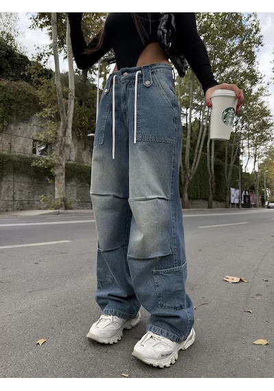 Paradise Venedik Bağcıklı Oversize Cargo Jean - Vintage Mavi Çok Renkli