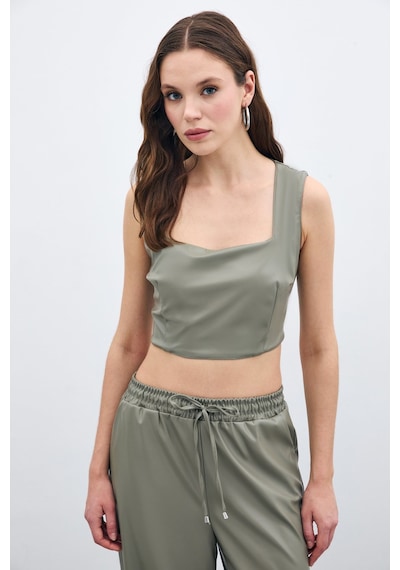 Sateen Kare Yaka Deri Crop - Çağla Yeşili-135669 Çağla Yeşili