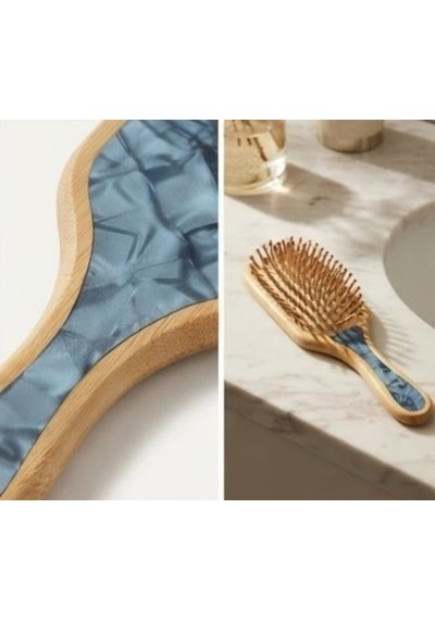 Bambu Saç Fırçası 20 Cm Doğal Ahşap Saç Tarak Fırça Saç Derisi Masajlı Mavi Desenli