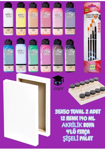 35x50 Tuval 2 Adet 12 Renk 140 Ml Akrilik Boya 4'lü Fırça Şişeli Palet
