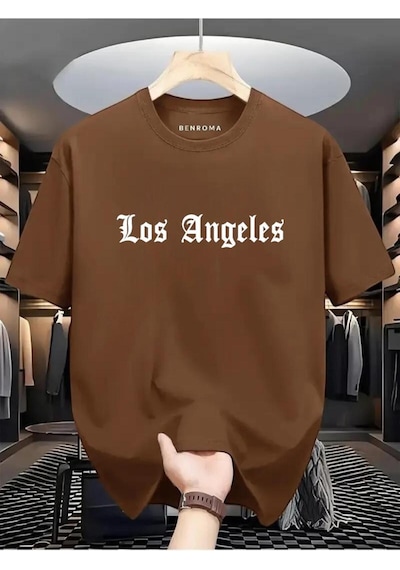 Los Angeles Baskılı Oversize Tişört Kahverengi