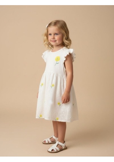 Zekids Kız Çocuk Pamuklu Çiçek Desenli Elbise-17234 BEYAZ