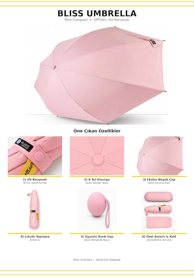 Bliss Umbrella Kapsül Şemsiye - Uv Korumalı Güneş Şemsiyesi Pembe
