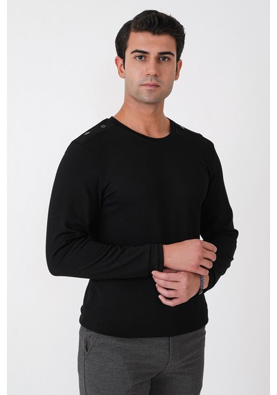 Efor Comfort Fit Omuz Modelli Uzun Kollu Esnek Pamuk Siyah Tişört Ts 933