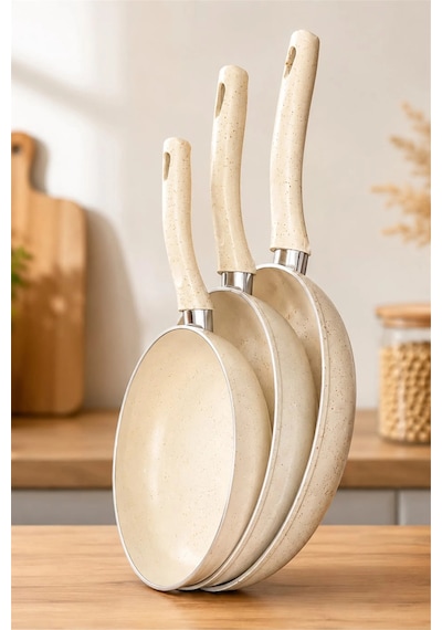 Çetcook 3'lu Tava Setı 20-24-26 Cm Krem