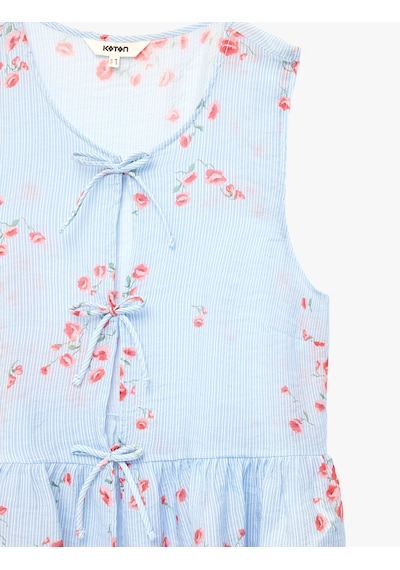 Koton Yuvarlak Bağcıklı Yaka Fiyonklu Kolsuz Çizgili Çiçekli Fırfırlı Peplum Bluz Pembe Desenli 6sak60255ew